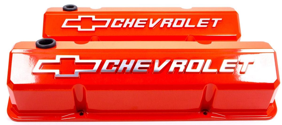 PROFORM Chevy Orange Suit SB Chev With Raised Chevrolet Logo & Bowtie Emblem Die-Cast Aluminium Slant Edge Valve Covers PR141-924 Autofit