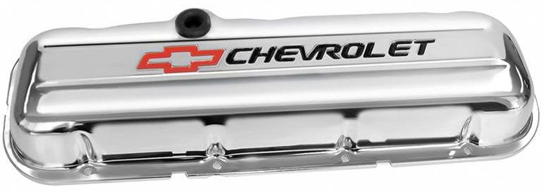 PROFORM Chrome Suit BB Chev With Black Chevrolet Logo & Red Bowtie Emblem Stamped Steel Short Valve Covers With Baffle PR141-812 Autofit