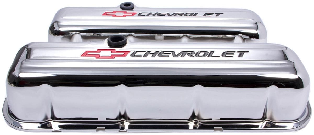 PROFORM Chrome Suit BB Chev With Black Chevrolet Logo & Red Bowtie Emblem Stamped Steel Tall Valve Covers With Baffle PR141-813 Autofit