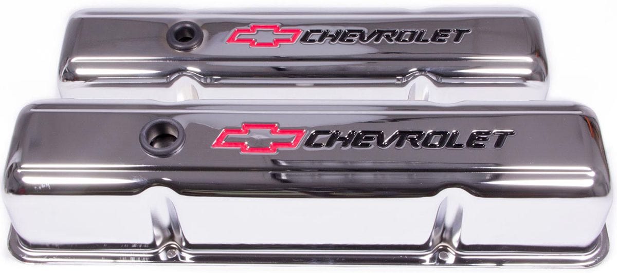 PROFORM Chrome Suit SB Chev With Chevrolet Logo & Bowtie Emblem Stamped Steel Tall Valve Covers With Baffle PR141-905 Autofit
