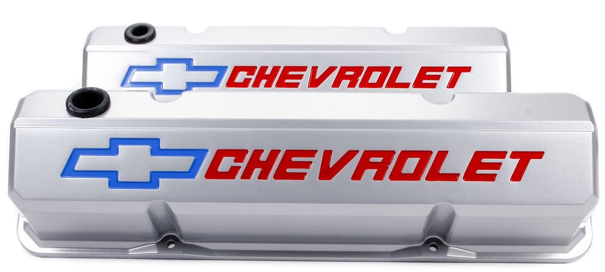 PROFORM Metalic Gray Suit SB Chev With Recessed Chevrolet Logo & Bowtie Emblem Die-Cast Aluminium Slant Edge Valve Covers PR141-923 Autofit