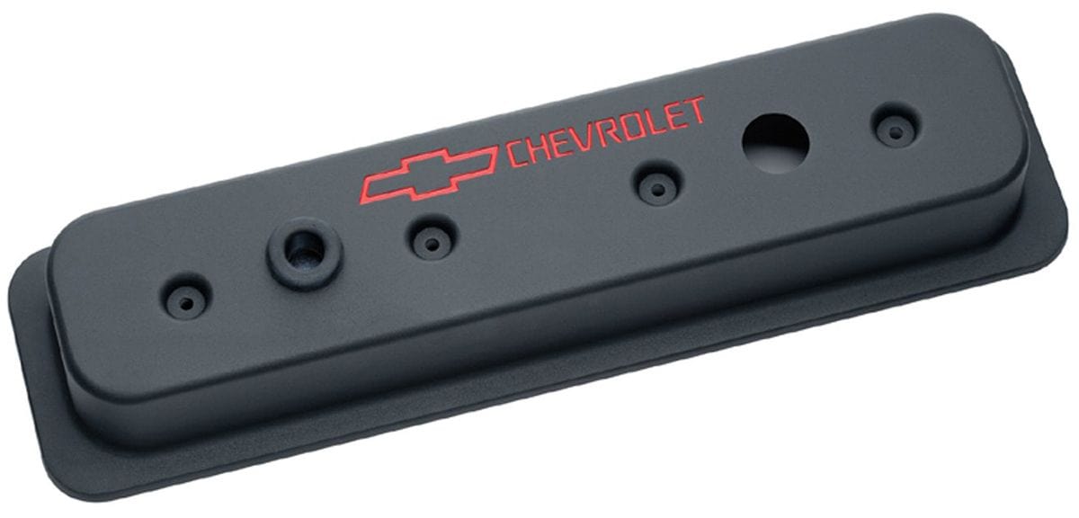 PROFORM Small Block Chev 1987-Later Die Cast Valve Covers with Chevrolet Logo (Centre Hold-Down) Black Crinkle Finis Autofit