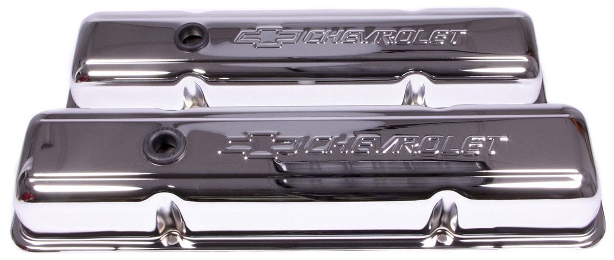 PROFORM Small Block Chev Stamped Valve Covers with Chevrolet Logo (Short Style with Baffle) Chrome PR141- Autofit