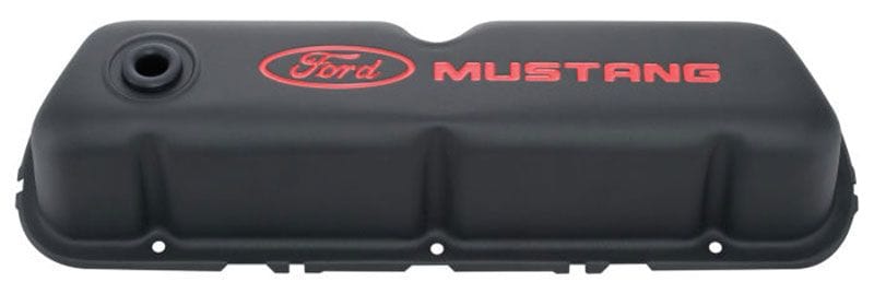 Proform Suit SB Ford 289-302-351 Windsor With Red Ford Mustang Logo Stamp Steel Valve Covers - Black Crinkle PR302-101 Autofit