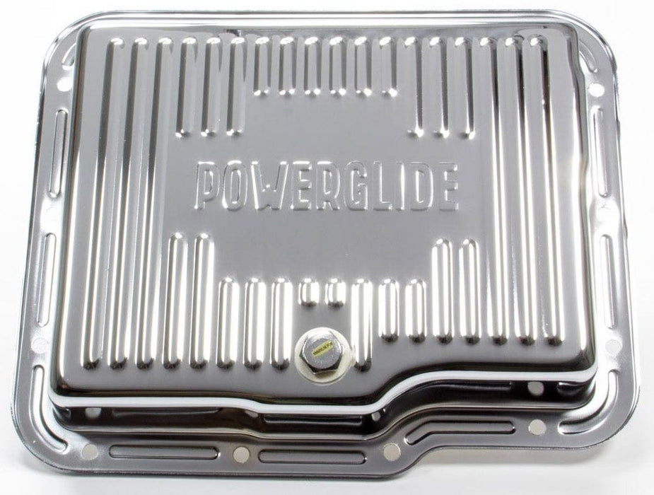 RPC Drain Plug Included, Stock Depth Chrome Steel Chev Powerglide Transmission Pan, Finned RPCR9124 Autofit