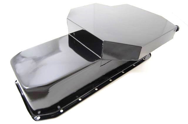 RPC Fits 1955-79 S/B Chev 283-350, Dipstick on Passengers Side Black Steel Champion Style Oil Pan, 7" Deep, 6 Trap Doors, 2 Runners & 3 Crank S Autofit