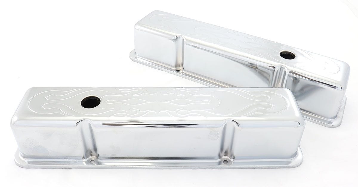 RPC Fits 1958-86 S/B Chev 283 - 350 Tall Chrome Steel Valve Covers Flame Style RPCR8215 Autofit