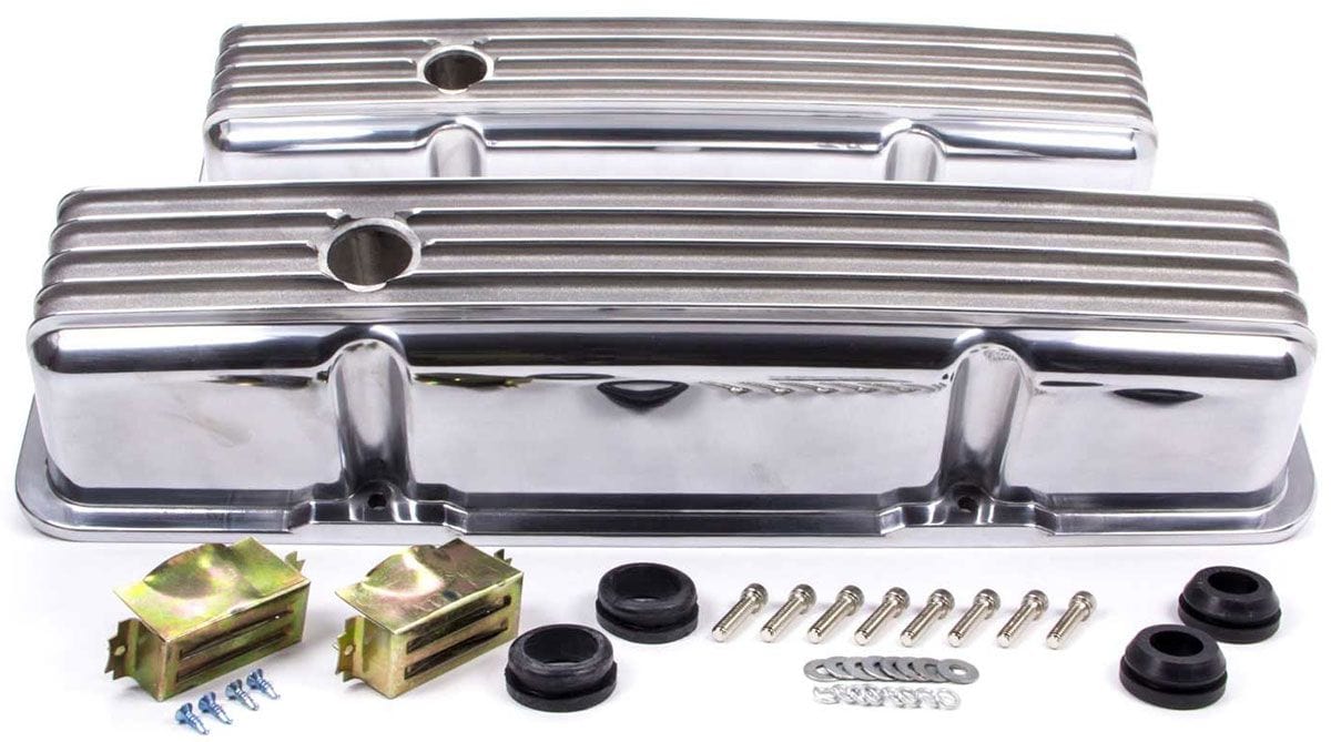 RPC Fits 1958 - 86 S/B Chev 283 - 400 Tall Nostalgic Aluminium Polished Finned Valve Covers with Breather Hole RPCR618 Autofit