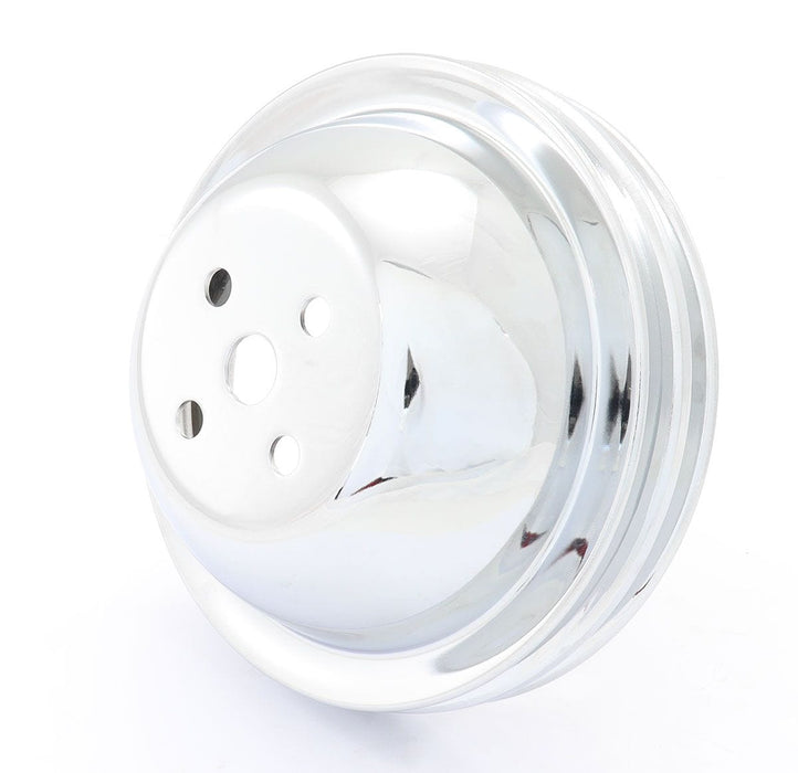 RPC Fits 1965-68 B/B Chev 396-454 with Short Water Pump Chrome Steel Water Pump Upper Pulley, Double Groove, 6.30" Dia, 1.75" Bolt Circl Autofit