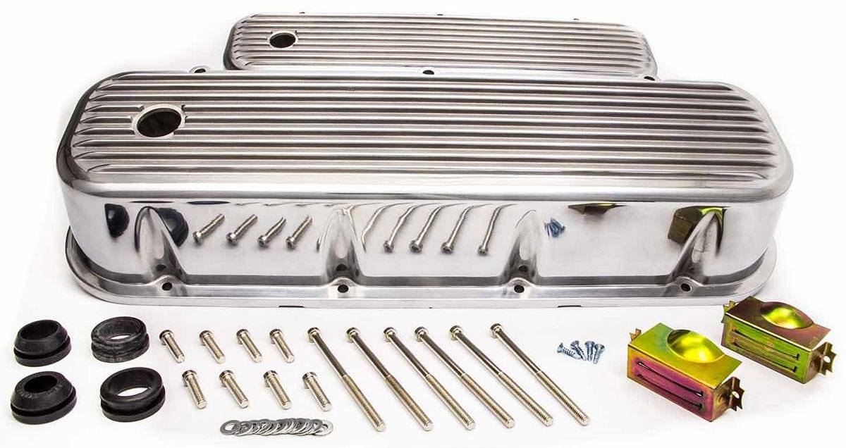 RPC Fits 1965-95 B/B Chev 396-427-454-502, Hardware Kit Included Polished Aluminium Tall (4") Nostalgic Finned Valve Covers (Baffled) with Breath Autofit