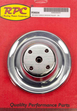 RPC Fits 1969-85 S/B Chev 283-350 with Long Water Pump Chrome Steel Water Pump Upper Pulley, Single Groove 6.30" Dia, 2.30" Bolt Circle Autofit
