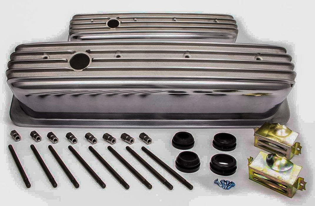 RPC Fits 1987-on S/B Chev 305, 350 Center Bolt, Including Hardware Tall Nostalgic Aluminium Polished Finned Valve Covers with Breather Hole RPCR619 Autofit
