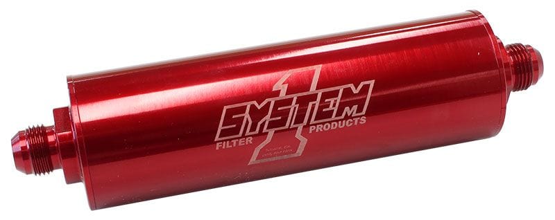 SYSTEMONE 2" O.D x 9" Long -8AN Ends. 30 Micron Long Billet In-Line Fuel Filter Red Anodized SY202-202408 Autofit