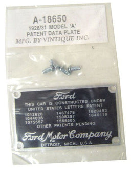 VINTIQUE Suit 1928-31 Ford Vintique Inc Firewall Patent Plate With Rivets VIA-18650 Autofit