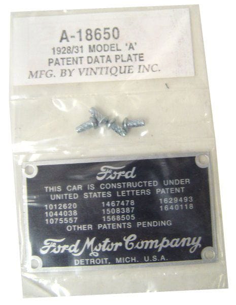 VINTIQUE Suit 1928-31 Ford Vintique Inc Firewall Patent Plate With Rivets VIA-18650 Autofit